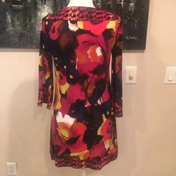 Alfani Floral Multicolor 3/4 Bell Sleeve Mini Dress with Abstract Trim-Size XS - Picture 2 of 11